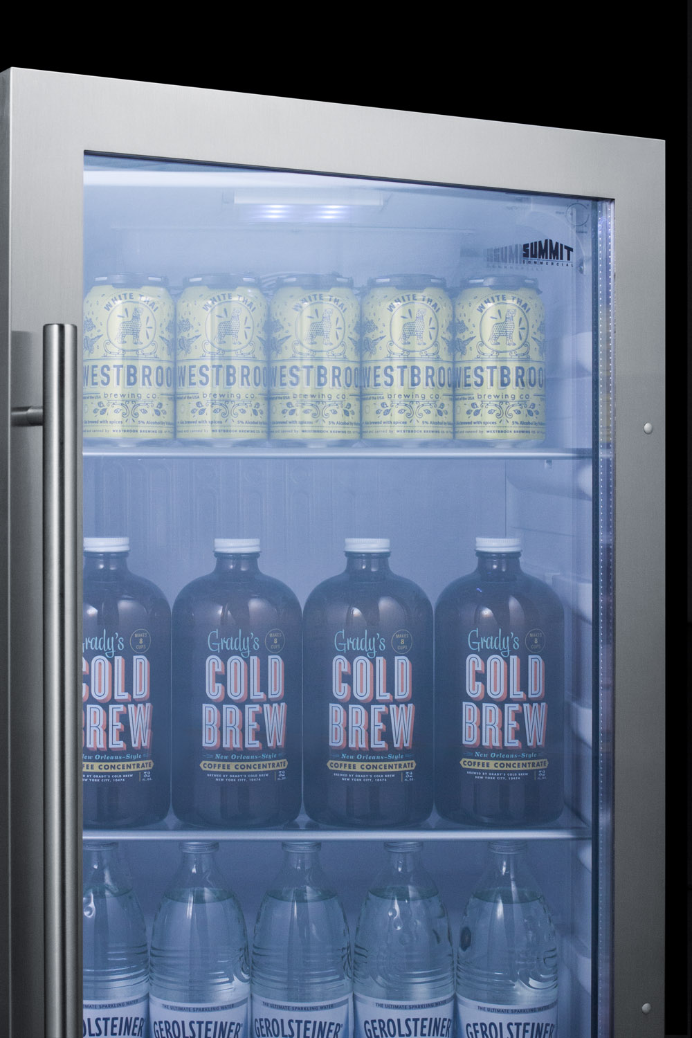 Commercially approved outdoor beverage cooler for built-in or freestanding use with a shallow 17
